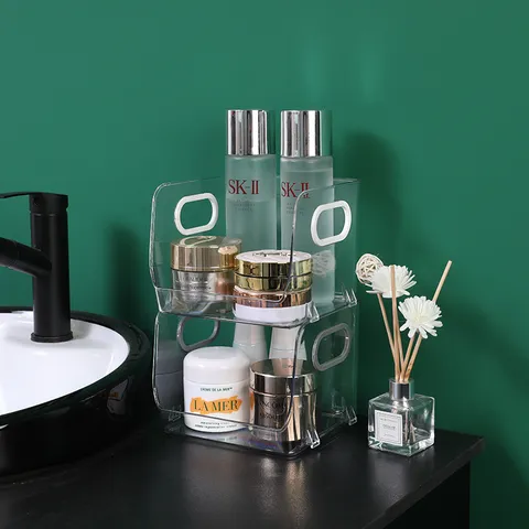 Transparante Kunststof Desktop Cosmetica Opbergdoos Make-up Organizer Stapelbare Houder Met Handvat