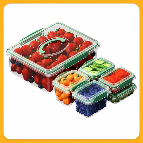Food Grade PP Plastic Sealed Fresh Keeping Box With Compartments Portable Handle Refrigerator Storage Container