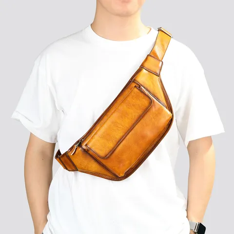 Hombre Cuero Auténtico Bolso Bandolera Vintage Desgastado Crossbody Bolso de Pecho Casual Diario Bolsillos Múltiples Bolso