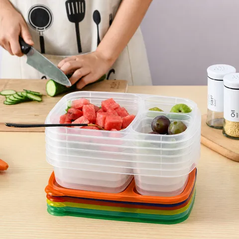 Microwave Safe Plastic Lunch Box Three Compartment Food Storage Container Portable Bento Box For Picnic
