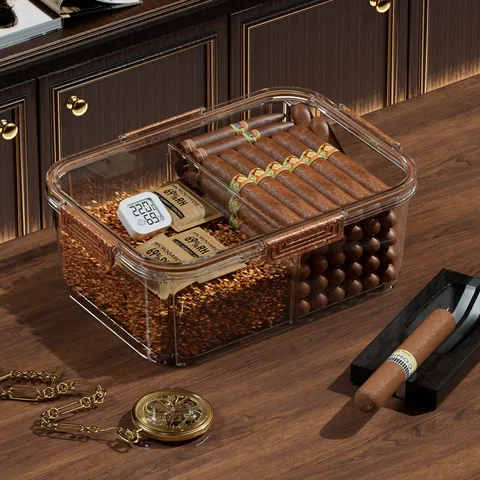 Transparent Plastic Cigar Humidor Box Sealed Portable Cigar Storage Case With Hygrometer And Humidification Pack For Home Office Travel
