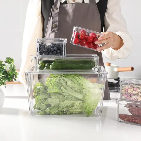 Transparent PET Refrigerator Storage Box Kitchen Food Prep Organizer Stackable Fresh Keeping Container Set
