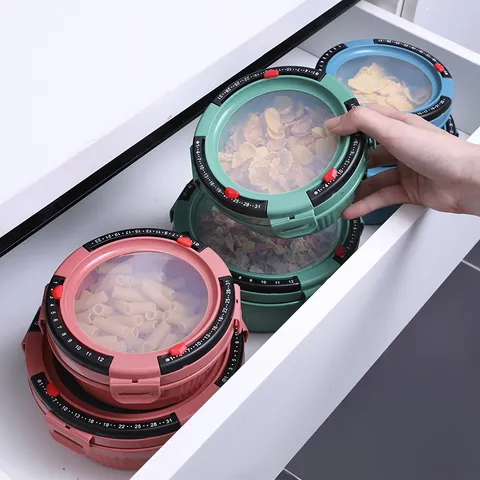 Round Sealed Refrigerator Storage Box With Time Scale Fresh Keeping Food Container Plastic Kitchen Organizer