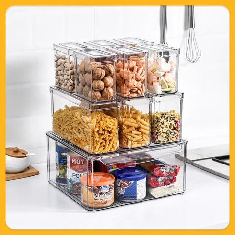 Transparent PET Refrigerator Storage Box Set Kitchen Food Crisper Stackable Organizer Container With Drain Board
