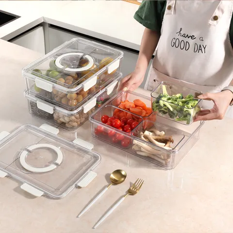 Transparent Plastic Refrigerator Storage Box Set Multi-Layer Compartment Fruit Vegetable Fresh-Keeping Box Food Organizer