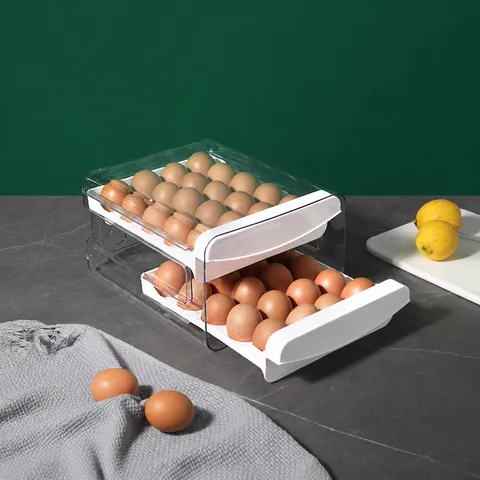 Double Layer Drawer Refrigerator Egg Storage Box Transparent PET Plastic 40 Grids Fresh Keeping Kitchen Organizer