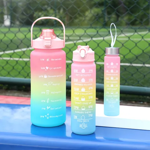 Large Capacity Gradient Frosted Sports Water Bottle Set Nesting Water Cup With Time Marker For Outdoor Fitness