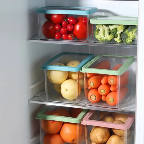 Transparent PET Refrigerator Food Storage Box 4-Piece Set Sealed Fresh-Keeping Kitchen Organizer With Colored Lids