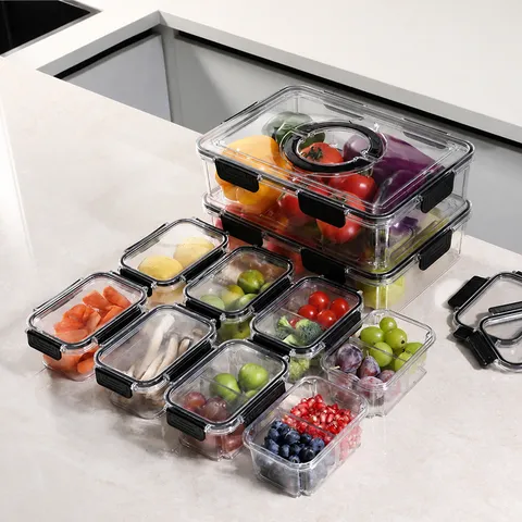 Transparent Plastic Refrigerator Storage Box Set Multi-Layer Compartment Fruit Vegetable Fresh-Keeping Box Food Organizer