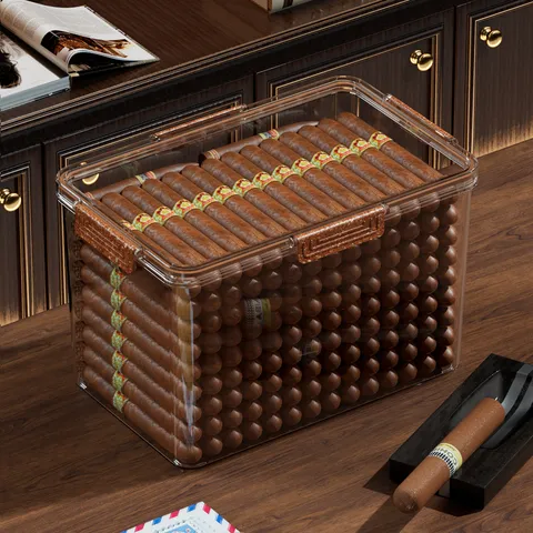 Portable Clear Plastic Cigar Humidor Box Sealed Moisture Retention Storage Container With Lock Cedar Wood Aging Box Humidifiers Set