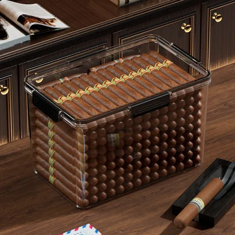 Portable Clear Plastic Cigar Humidor Box Sealed Moisture Retention Storage Container With Lock Cedar Wood Aging Box Humidifiers Set
