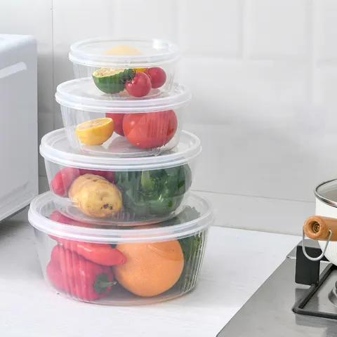 Transparent Round Plastic Fresh Keeping Box Set Refrigerator Storage Box Microwaveable Food Container
