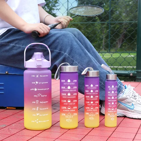 Large Capacity Gradient Frosted Sports Water Bottle Set Portable Fitness Drinkware With Time Scale For Outdoor Daily Use