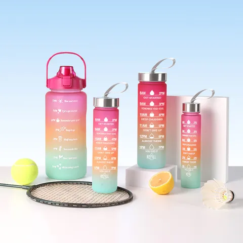 Large Capacity Gradient Frosted Sports Water Bottle Set Portable Fitness Drinkware With Time Scale For Outdoor Daily Use