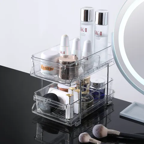 Transparant PET Kunststof Dubbellaags Make-up Organizer Rek Bureau Opslag Plank Multifunctionele Gelaagde Cosmetica Doos Voor Thuis