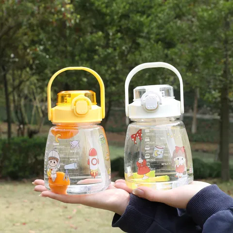 Large Capacity Transparent Plastic Water Bottle Portable Cute Straw Cup With Handle Scale Daily Travel School Drinkware