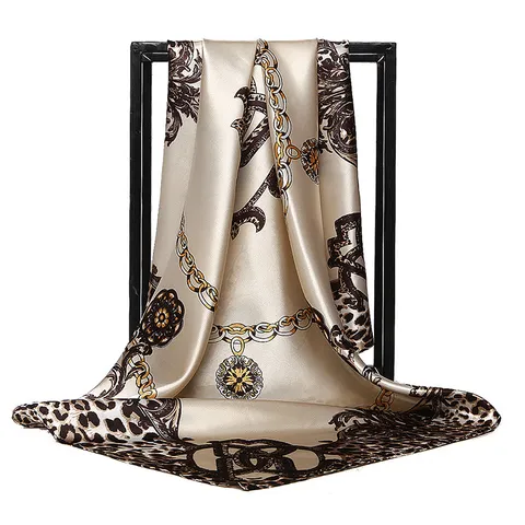 Women Fashion Leopard Chain Print Satin Square Scarf Elegant Chic Retro Neck Scarf Daily Commute Wrap