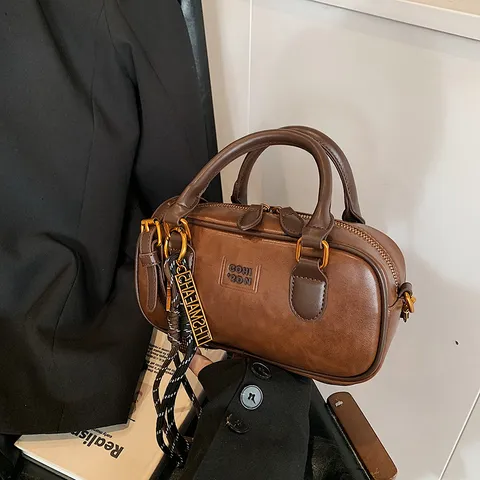 Retro Casual PU Leather Boston Bag Women Fashion Shoulder Crossbody Bag Vintage Small Square Bowling Handbag With Pendant