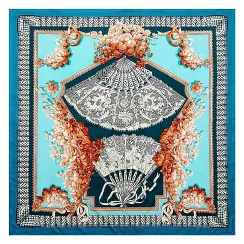 Women Fashion Vintage Fan Pattern Printed Scarf Large Square Shawl Elegant Twill Plush Neck Scarf Head Wrap
