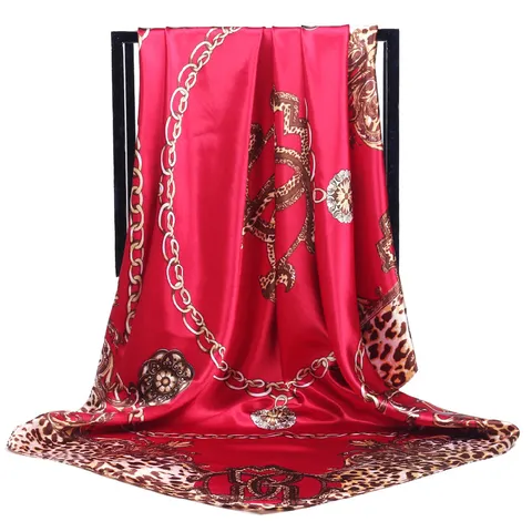 Women Fashion Leopard Chain Print Satin Square Scarf Elegant Chic Retro Neck Scarf Daily Commute Wrap