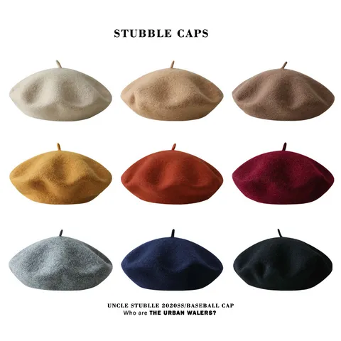 Women's British Vintage Solid Color Wool Blend Beret Hat Autumn Winter Casual Painter Cap