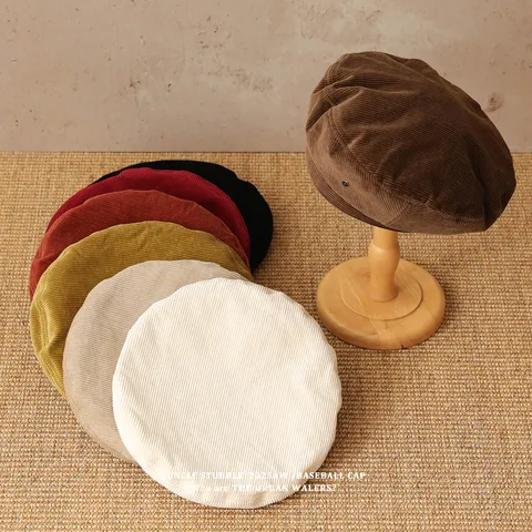 Boina de Corduroy para Mujer Vintage Color Sólido Sombrero de Pintor Otoño Invierno Cálido Casual Chic Boinas Accesorios de Moda Femenina