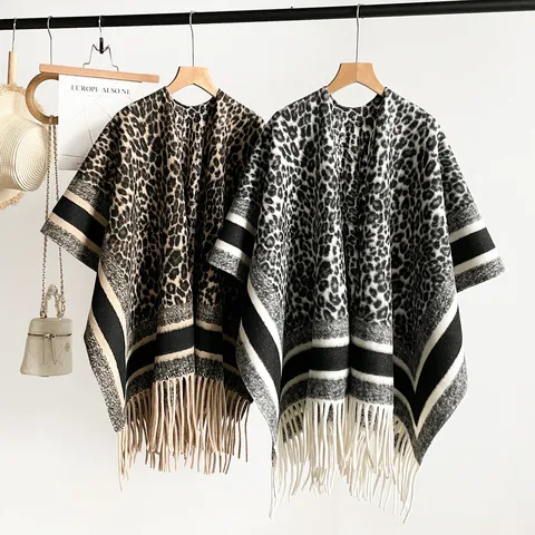 Women's Winter Warm Imitation Cashmere Shawl Elegant Leopard Print Tassel Cape Fashion Poncho Blanket Scarf