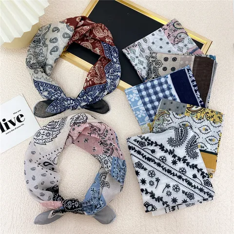 Women Fashion Paisley Print Square Scarf Vintage Geometric Patchwork Neck Scarf Lightweight Head Bandana Hair Band