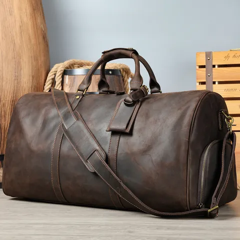 Men's Genuine Leather Travel Bag Large Capacity Vintage Duffel Bag Luggage Bag With Shoe Compartment Top Layer Cowhide