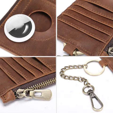 Tarjetero Vertical de Cuero Crazy Horse Vintage para Hombre Múltiples Ranuras Bolsillo con Cremallera Espacio Airtag
