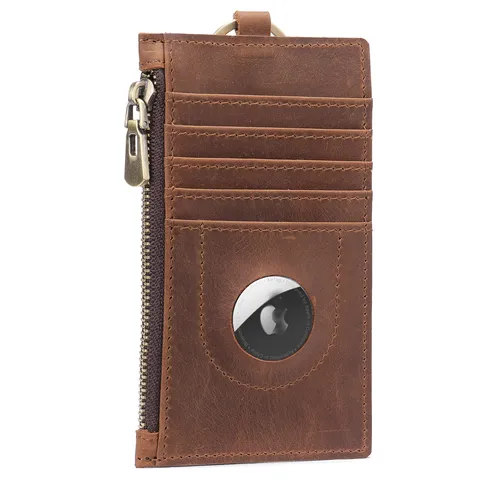 Tarjetero Vertical de Cuero Crazy Horse Vintage para Hombre Múltiples Ranuras Bolsillo con Cremallera Espacio Airtag