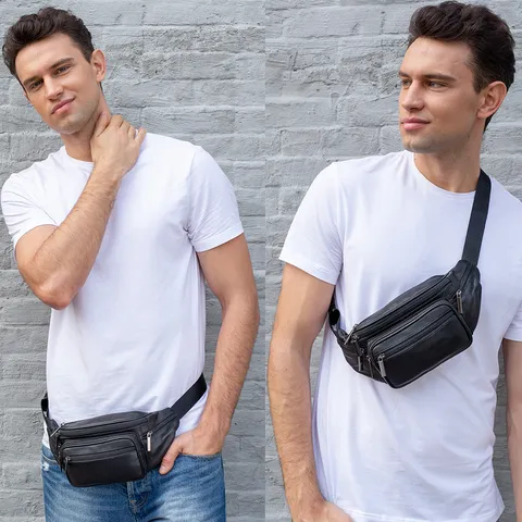 Marsupio in Vera Pelle da Uomo Casual Outdoor Impermeabile Borsa Petto Multi-Tasca Retro Fanny Pack Viaggio Custodia Telefono