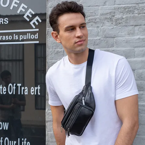 Marsupio in Vera Pelle da Uomo Casual Outdoor Impermeabile Borsa Petto Multi-Tasca Retro Fanny Pack Viaggio Custodia Telefono