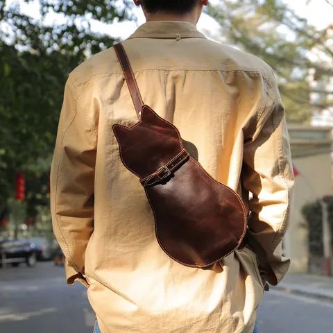 Genuine Leather Mens Sling Bag Retro Crazy Horse Leather Cute Cat Shape Crossbody Bag Casual Chest Bag