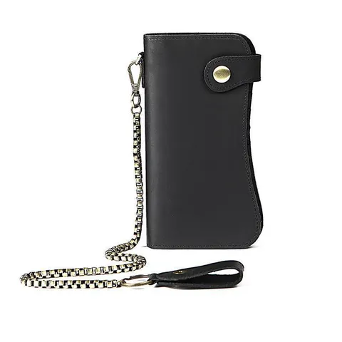 Herren Lang Echtleder Geldbörse Vintage Bifold Clutch Geldbeutel Mit Kette Kartenhalter Business