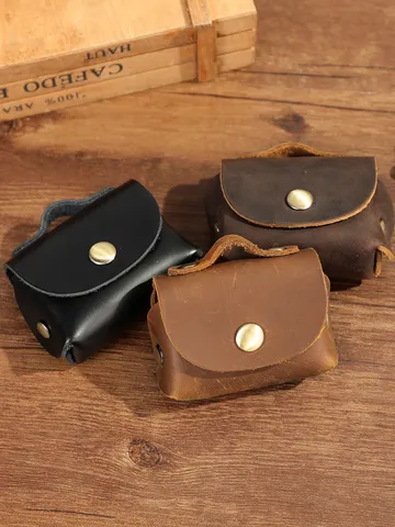 Echt Leer Sleuteletui Vintage Handgemaakt Mini Oortelefoon Tas Portemonnee Met Metalen Drukknoop Unisex Dagelijks Gebruik