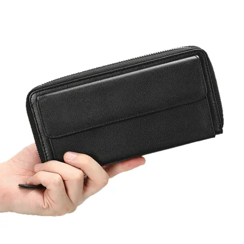 Cartera Larga de Cuero Auténtico para Hombre Gran Capacidad Cartera de Negocios Multifunción Cremallera Correa de Muñeca Tarjetero