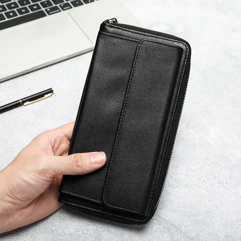 Cartera Larga de Cuero Auténtico para Hombre Gran Capacidad Cartera de Negocios Multifunción Cremallera Correa de Muñeca Tarjetero