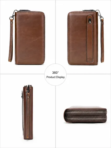 Portafoglio Lungo da Lavoro in Vera Pelle da Uomo Vintage Tinta Unita Pochette con Zip e Polsino Scomparti Multipli per Carte Portafoglio