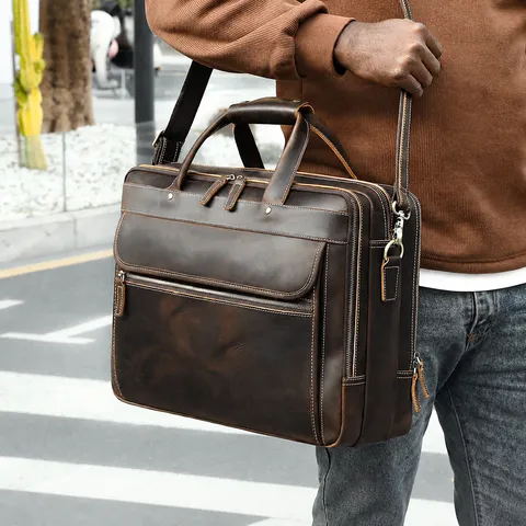Men's Vintage Genuine Leather Briefcase Top Grain Cowhide Laptop Bag Large Capacity Business Travel Messenger Bag For Men