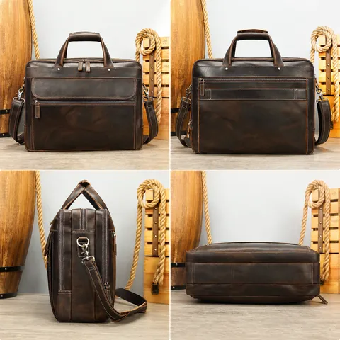 Men's Vintage Genuine Leather Briefcase Top Grain Cowhide Laptop Bag Large Capacity Business Travel Messenger Bag For Men