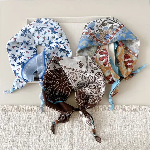 Women Cotton Linen Small Square Scarf Retro Paisley Floral Neck Scarf With Beads Fashion Neckwear Accessories