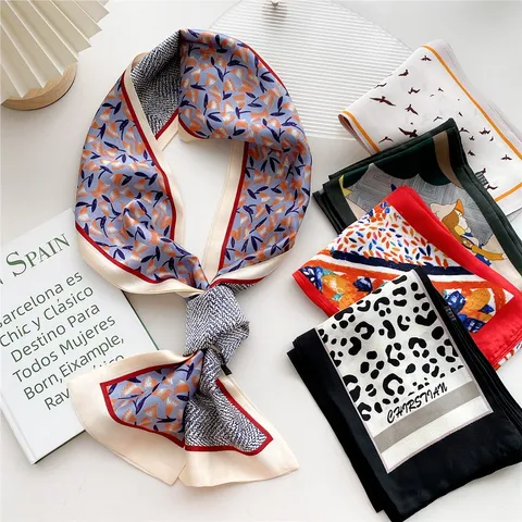 Womens Fashion Satin Twilly Scarf Geometric Leopard Houndstooth Floral Print Long Narrow Neck Scarf Handbag Ribbon Hair Band
