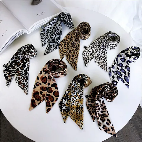 Women Small Scarf Pearl Cotton Leopard Print Twilly Ribbon For Bag Handle Neck Scarf Fashion Hair Band Accessories