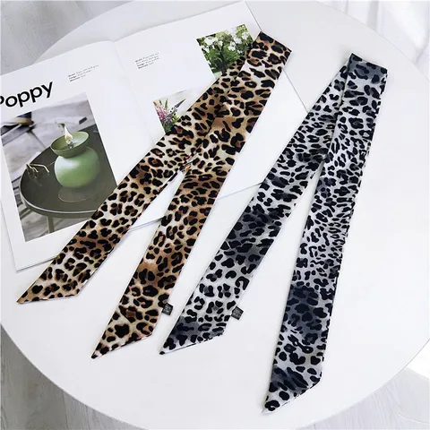 Women Small Scarf Pearl Cotton Leopard Print Twilly Ribbon For Bag Handle Neck Scarf Fashion Hair Band Accessories