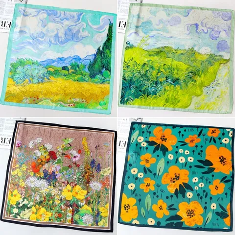 Women Mulberry Silk Square Scarf Artistic Oil Floral Print Satin Neck Scarf Versatile Fashion Decorative Head Scarf