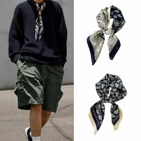 Set di Foulard Quadrato in Raso Paisley Retro da Uomo Sciarpa Collo Effetto Seta con Fibbia in Pelle Accessori Quotidiani Vintage