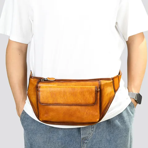 Hombre Cuero Auténtico Bolso Bandolera Vintage Desgastado Crossbody Bolso de Pecho Casual Diario Bolsillos Múltiples Bolso