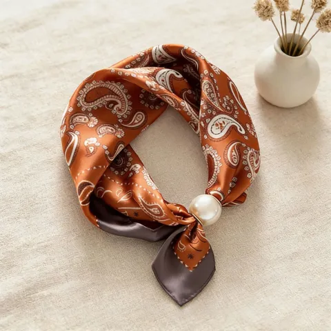 Retro Paisley Print Satin Neck Scarf Women Elegant Daily Commute Decorative Short Scarf With Pearl Magnetic Buckle