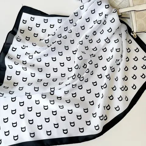 Minimalist Striped Letter Satin Chiffon Square Scarf Women Fashion Silk Feel Neckerchief Hair Band Daily Accessories